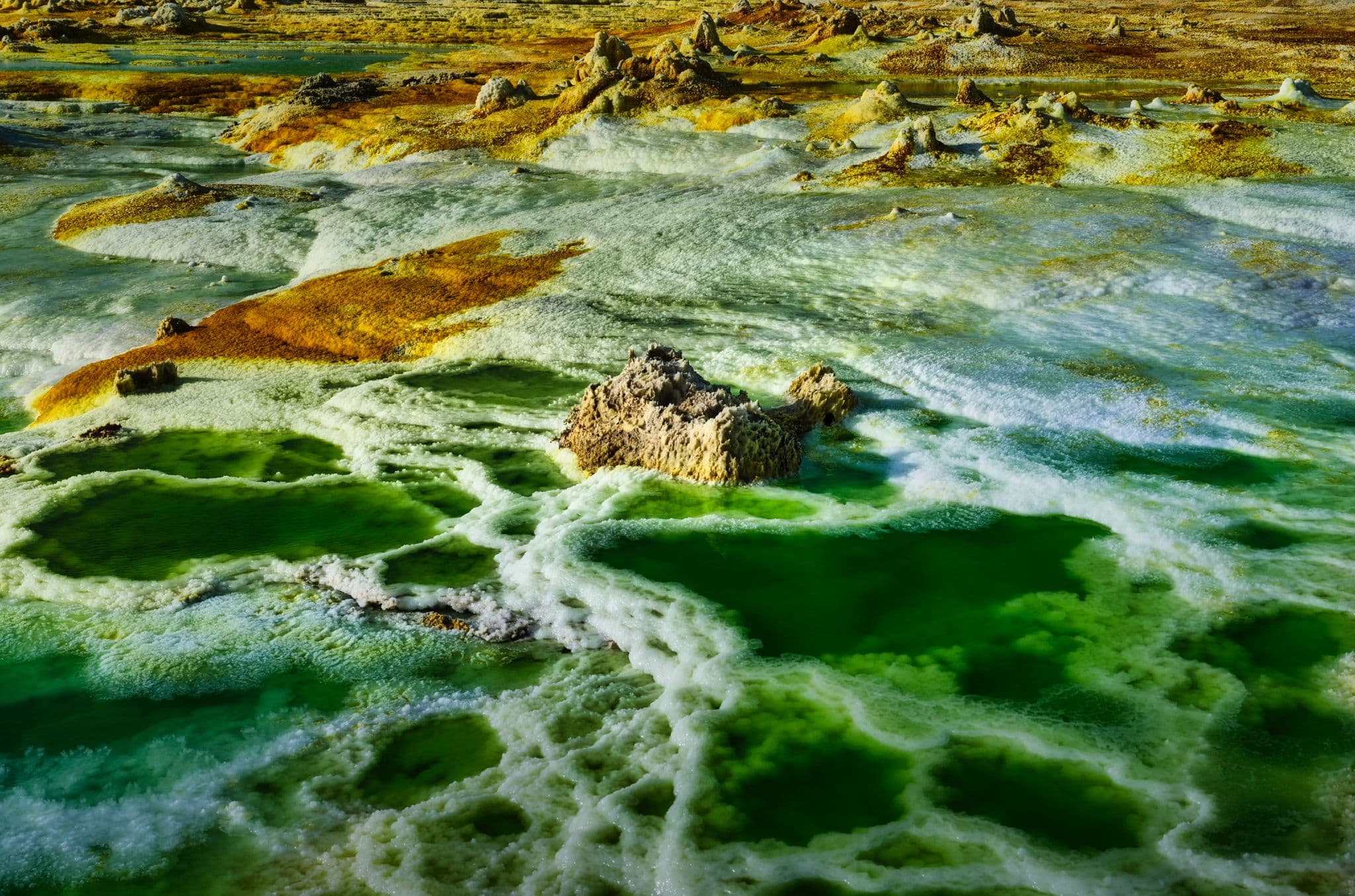 Erta Ale active lava lake glowing red at night in the Danakil Depression, Afar Ethiopia