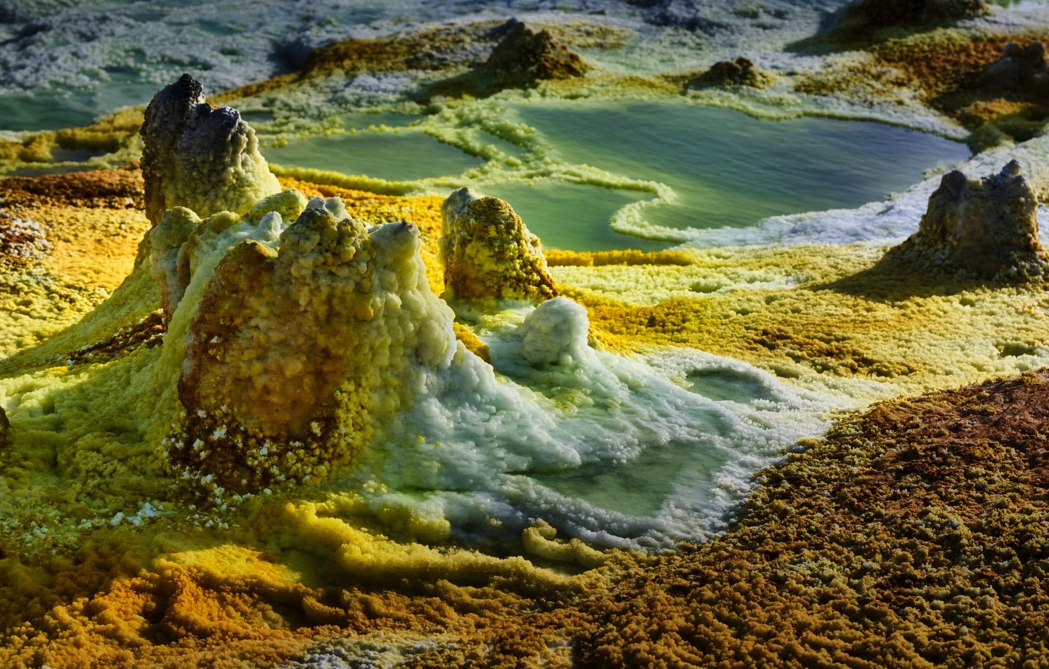 Colourful Dallol sulphur springs and hydrothermal mineral pools in the Danakil Depression, Ethiopia