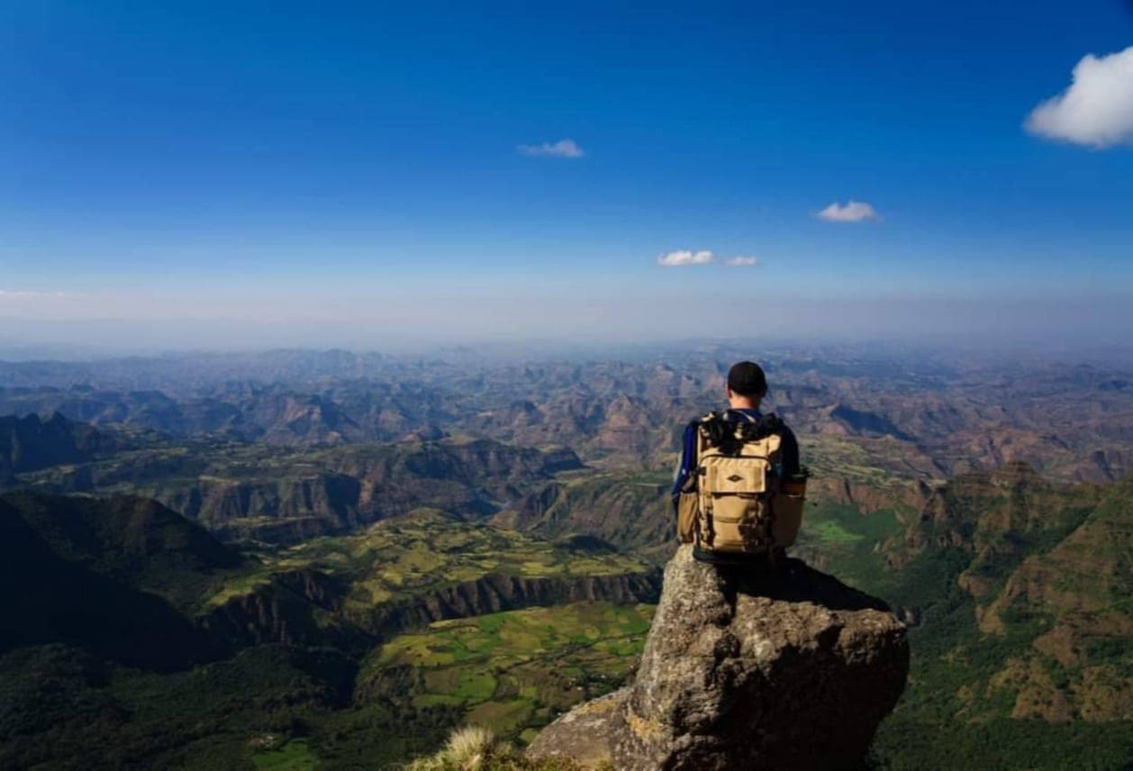 Trekking trail through the Simien Mountains with panoramic highland plateau views, Ethiopia